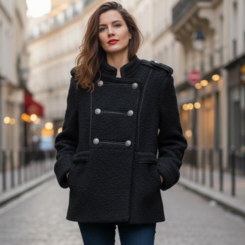 Nizan Black Boucle Wool Napoleon Military Coat Size XL